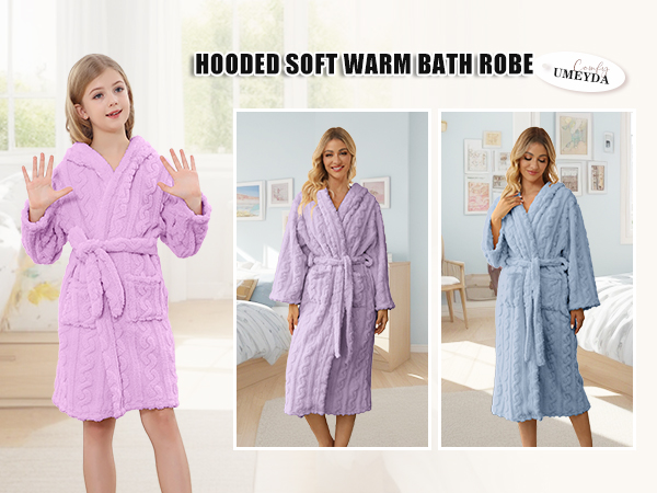 Girls Womens Twist Fleece Robes, Hooded Soft Warm Bath Robe for Kids Womens Fuzzy Bathrobe