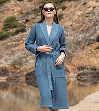 Women''s Turkish Cotton Waffle Robes with Shawl Collar - Indigo Blue