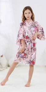 Girls Silky Satin Floral Robe