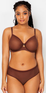 Woman wearing Curvy Couture sheer bra in chocolat nude