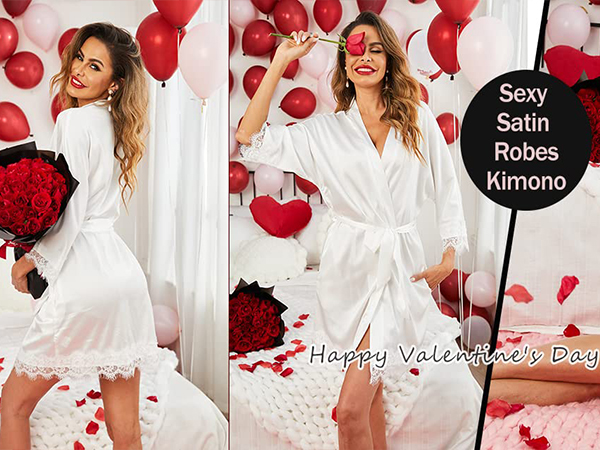 Kimono Robes for Women White Bride Robe for Wedding Day Short Satin Lounge Robe