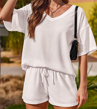 Waffle Knit Lounge Set V Neck Off Shoulder Sleepwear