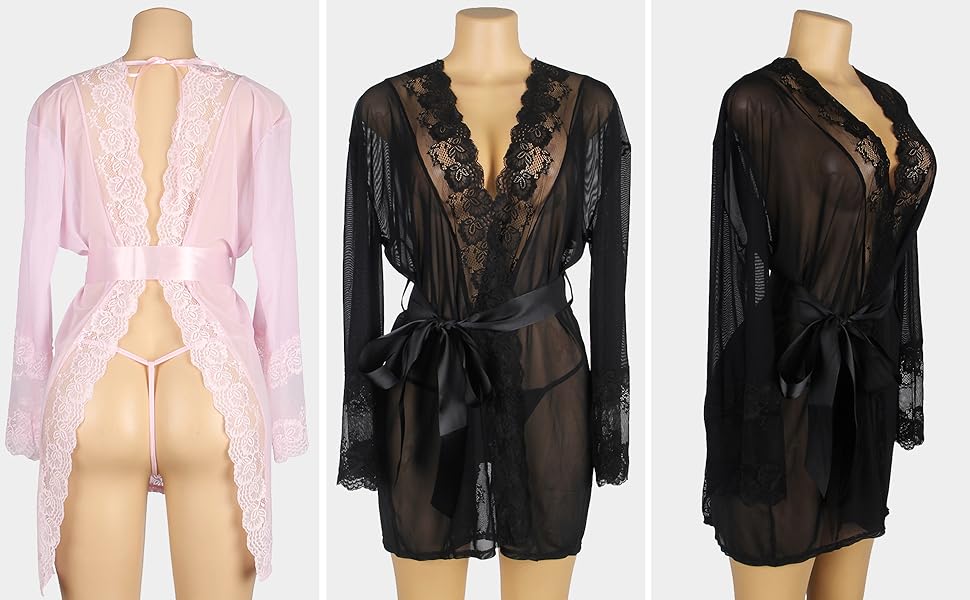 SEXY LACE MESH ROBE+THONG LINGERIE BABYDOLL SLEEPWEAR NIGHTGOWN