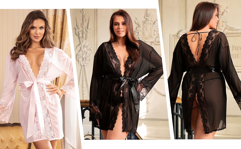 SEXY LACE MESH ROBE+THONG LINGERIE BABYDOLL SLEEPWEAR NIGHTGOWN