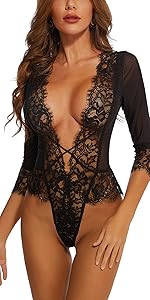 Sexy Lace Teddy Lingerie Women See Through Bodysuit Neck Sheer Underwear Floral Mini Bodydoll