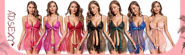 Chemise Lingerie for Women Mesh Sleepwear Lace Eyelash Babydoll V Neck Nightgown Open Front