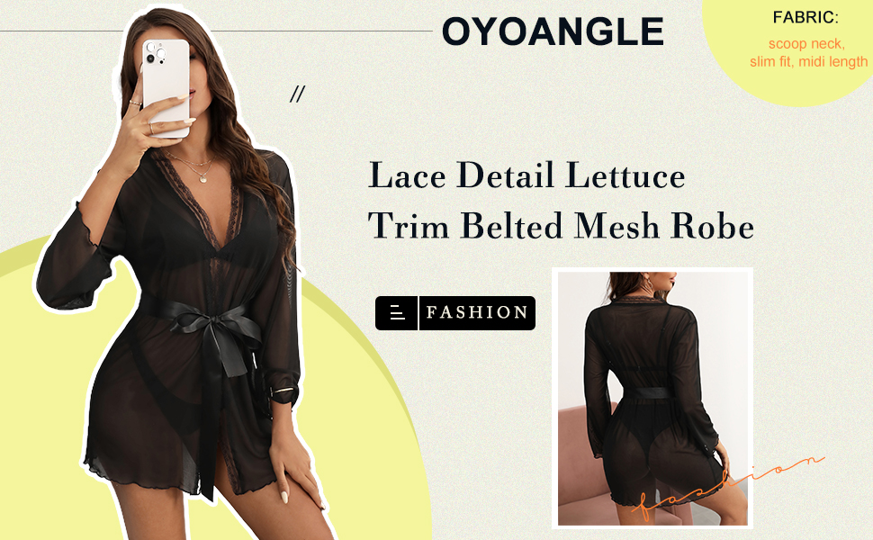 Women''s Lace Detail Lettuce Trim Long Sleeve Belted Sheer Mesh Robe Without Lingerie