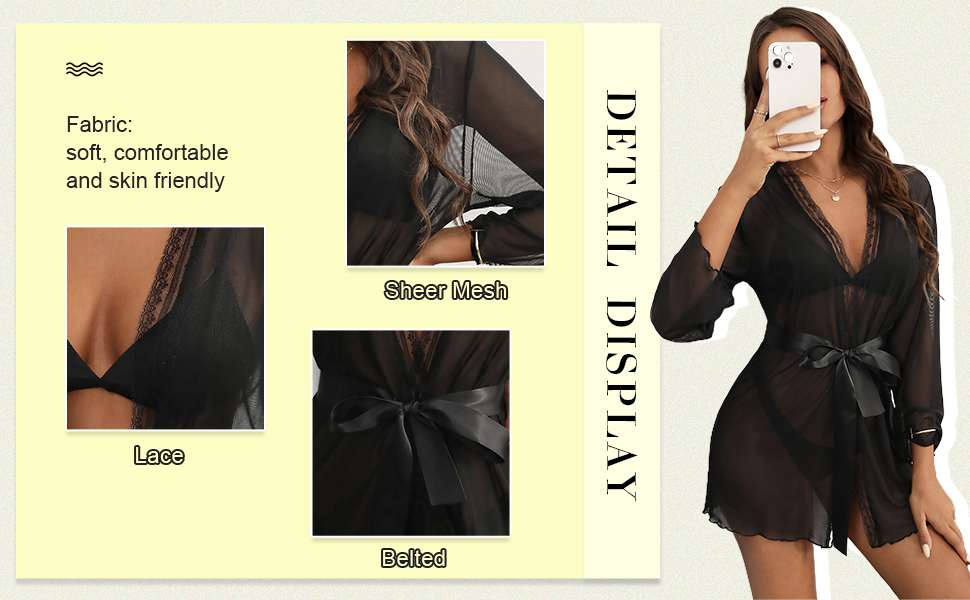 Women''s Lace Detail Lettuce Trim Long Sleeve Belted Sheer Mesh Robe Without Lingerie