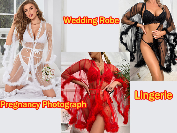 fur feather trim sexy sheer mesh Bridal Wedding robe for women 