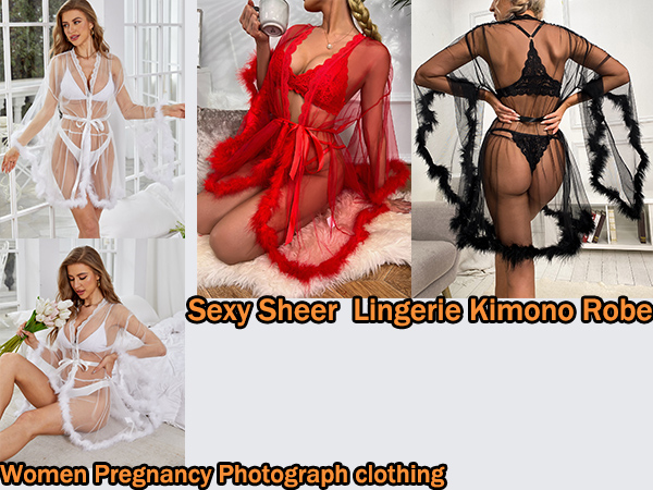 sexy Sheer Mesh Fur Trim Belted Sleep Robe Bridal Wedding Lingerie for women plus size women