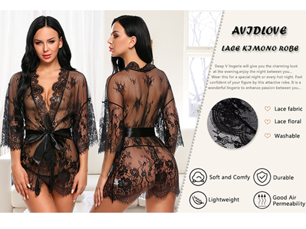 Avidlove Women&#39;s Lace Kimono Robe Babydoll Lingerie Mesh Nightgown