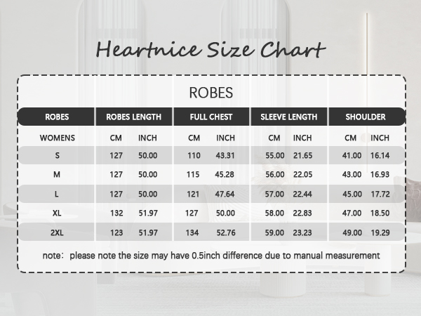 Womens Soft Long Robe size chart