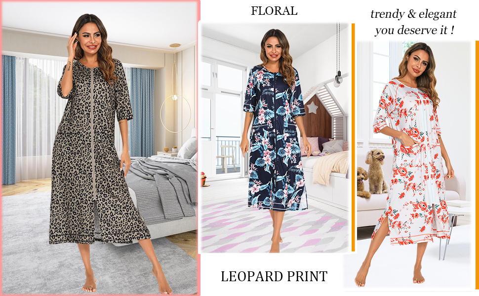 Nightgown front zipper lounge dresses print leopard rose leaf women duster housecoat 3/4 sleeve 