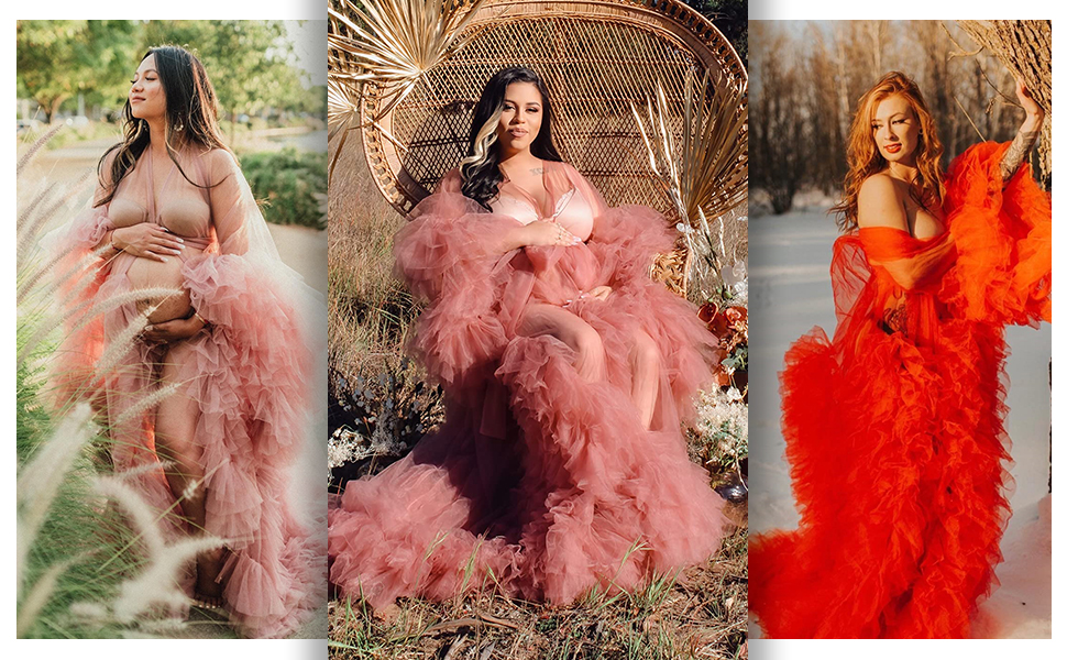 fluffy tulle maternity dress for photoshoot,feather robes for women lingerie long,dressing gown