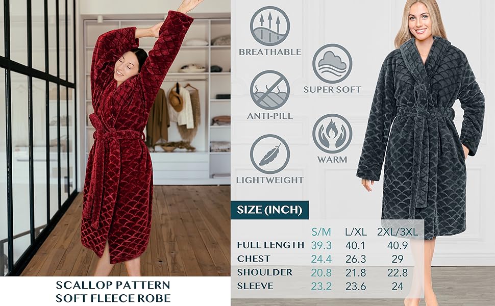 Women Fleece Shawl Collar Bathrobe - Plush short Robe geometric scallop design pattern