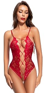 Women Lingerie Deep V Neck Sexy Lace Teddy Bodysuit See Through Floral Mini Babydoll Sheer