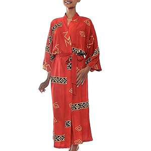 Novica Red For Women Rayon Robe Full Sleeves Tunica Por Mujer Mangas Kimono Belt Cinturón Impresa