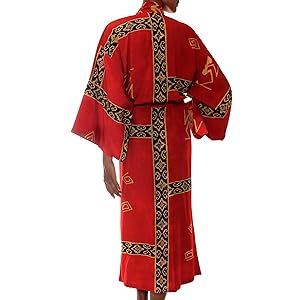 Novica Red For Women Rayon Robe Full Sleeves Tunica Por Mujer Mangas Kimono Belt Cinturón Impresa