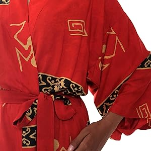 Novica Red For Women Rayon Robe Full Sleeves Tunica Por Mujer Mangas Kimono Belt Cinturón Impresa