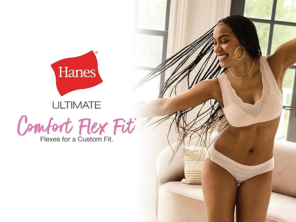 Hanes Ultimate Comfort Flex Fit flexes for a custom fit, showing a woman in a pink bra set