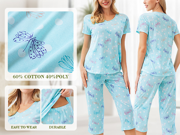 Womens Short Sleeve Pajama Set Printed Pajama for Women Capri Set Nightwear