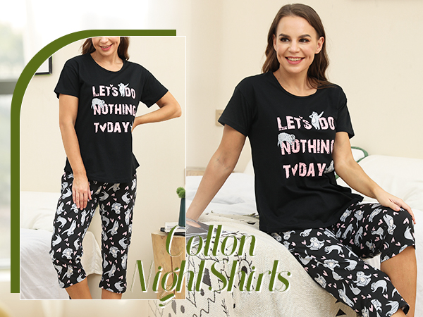 Womens Short Sleeve Pajama Set Printed Pajama for Women Capri Set Nightwear