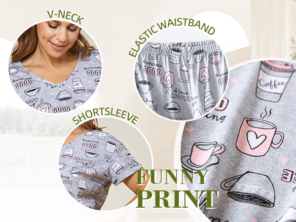 Womens Short Sleeve Pajama Set Printed Pajama for Women Capri Set Nightwear