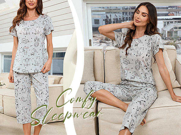 Womens Short Sleeve Pajama Set Printed Pajama for Women Capri Set Nightwear