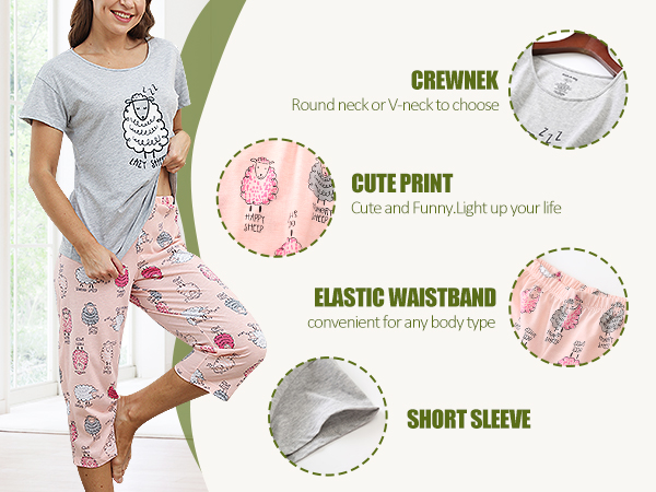 Womens Short Sleeve Pajama Set Printed Pajama for Women Capri Set Nightwear