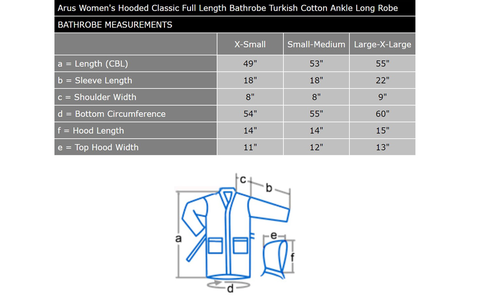 Women Cotton Hooded Classic Long Bathrobe  Size Chart