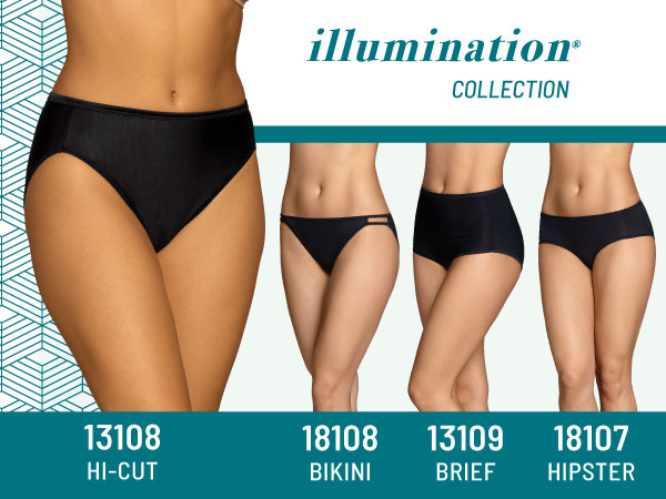 4 models wearing panties from the Vanity Fair Illumination Collection, focus on 13108 Hi-Cut