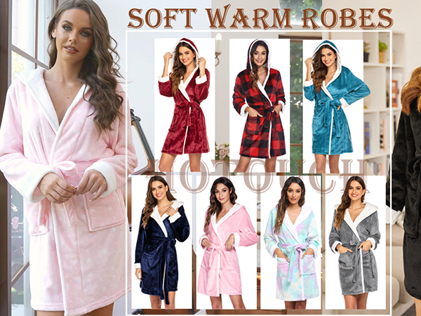 Robes for Women Plush Long Sleeve Hooded Fleece Robe Short Winter Robes