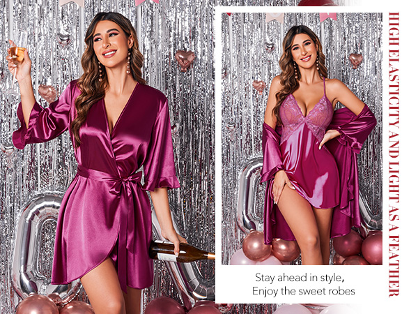 Ekouaer Women''s Silk Satin Robe Kimono Style Bathrobe Short Ruffle Belted Robes Bridesmaids 