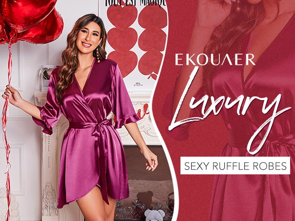 Ekouaer Women&#39;s Satin Robe Valentines Lingerie Kimono Bathrobe Ruffle Belted Robes Bridesmaids