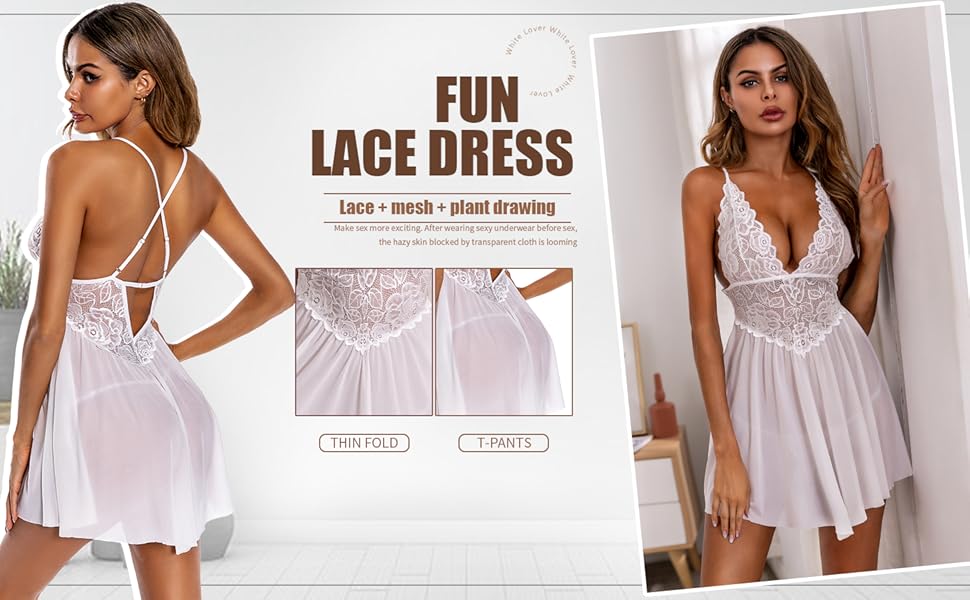 Lingerie Women Lace Sheer Sleeveless Chemise Sexy Mini Babydoll See Through Deep V Nightgown Robe