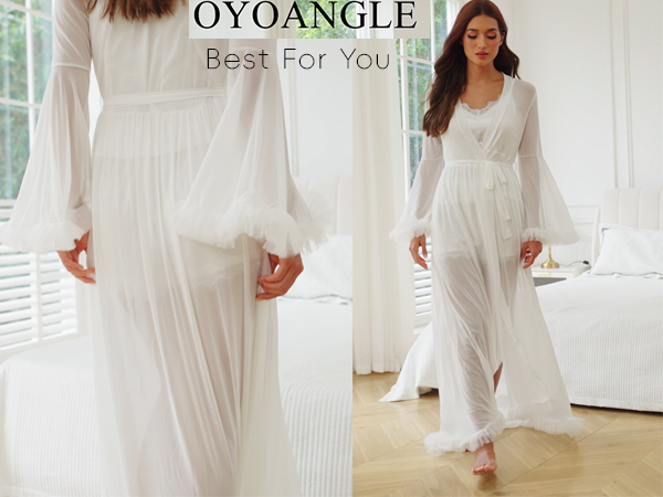 Women''s Ruffle Trim Long Sleeve Belted Sheer Mesh Wedding Bride Robe Nightgown  