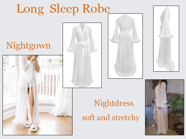 Women''s Ruffle Trim Long Sleeve Belted Sheer Mesh Wedding Bride Robe Nightgown