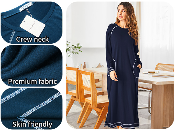 Ekouaer Women''s Nightshirt Long Sleeve Nightgown Round Neck Sleepwear