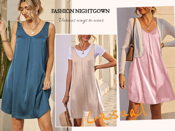 Silk Nightgown Sleeveless V Neck Satin Sleep Dress Soft Tank Nightshirt