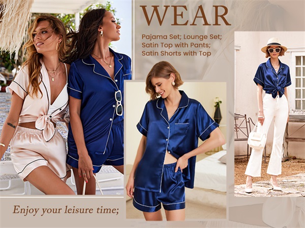 Ekouaer 2 Pack Womens Pajama Sets Silk Satin Short Sleeve Button Down Top and Shorts Pjs Set