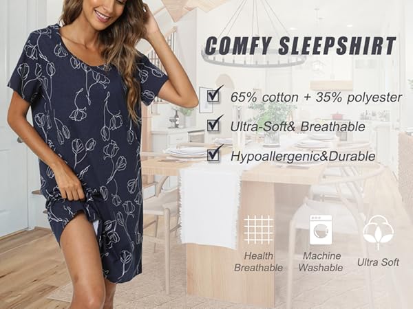 Womens Nightgown Soft Sleep Shirts Short Sleeve Night Shirt Casual Print Sleepwear Dress Loungewear