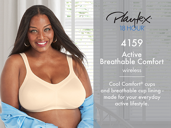 Playtex Wireless Bra 4159, Cool Comfort Cups and Breathable Cup Lining. Active Comfort.