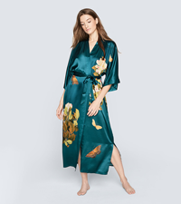 KIM+ONO Women''s Washable Silk Kimono Robe - Peony & Butterfly Vintage Teal