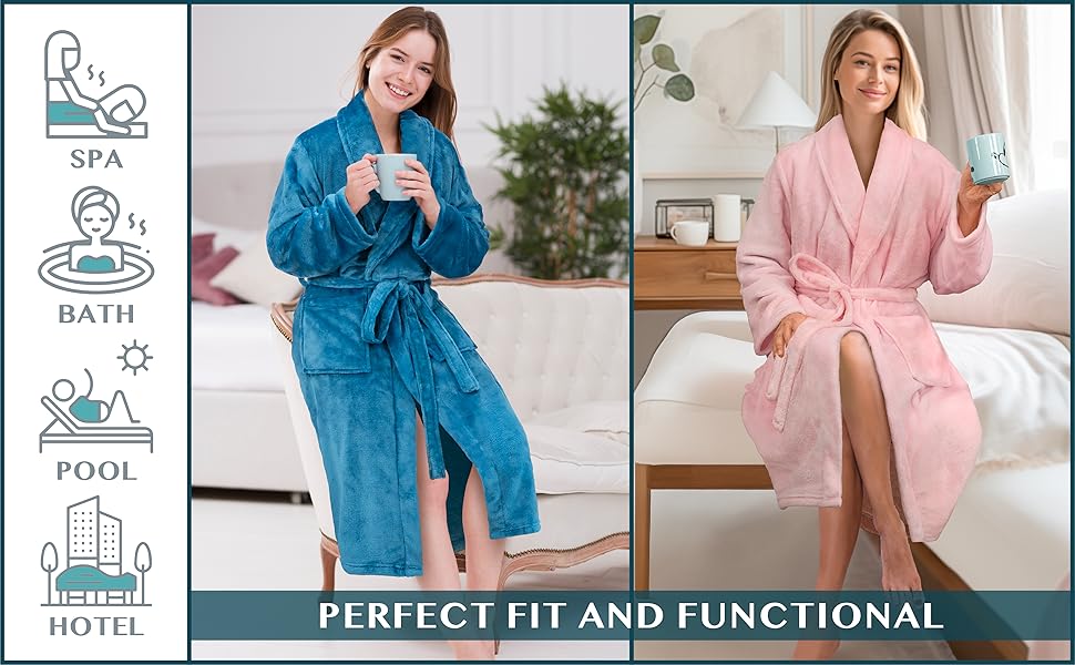 women robe bath bathrobe gown fleece plush lightweight super soft fluffy fuzzy cozy warm long light