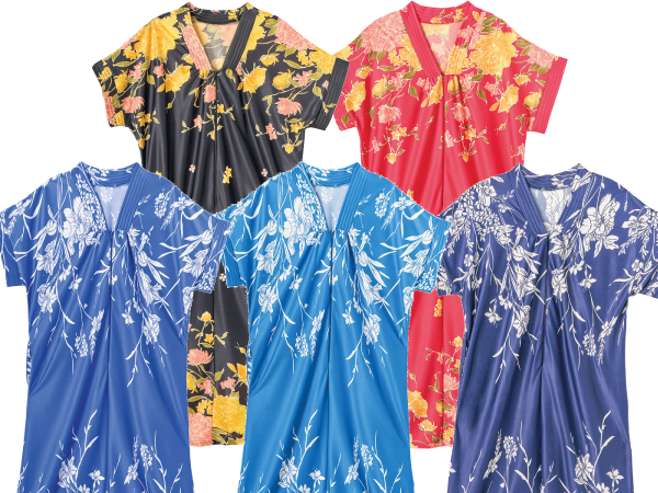 Catalog Classics Women''s Full Length Hawaiian Print Loungers in Periwinkle, Black. Navy, Red, Azure