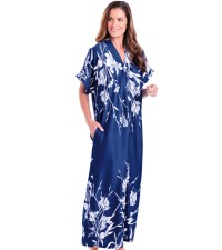 Catalog Classics Women''s Full Length Hawaiian Print Lounger on Model in Navy