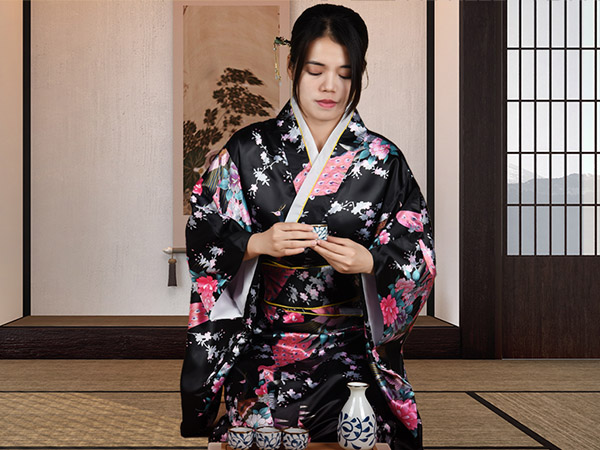 PLULON Japanese Kimono Robe Geisha Yukata Dress Peacock Blossom Satin Bathrobe