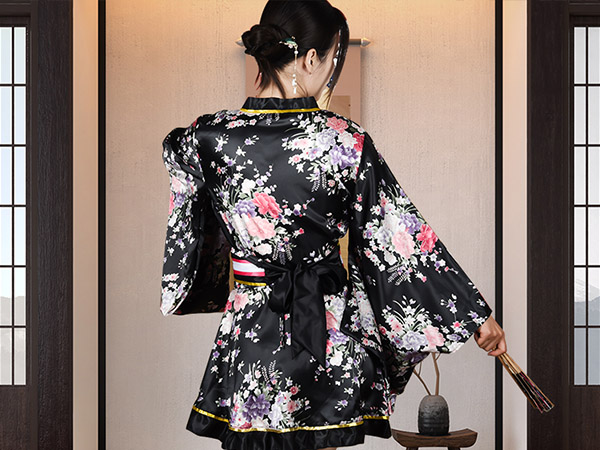 PLULON Japanese Kimono Robe Geisha Yukata Dress Peacock Blossom Satin Bathrobe