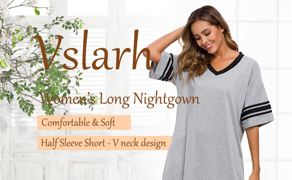 Vslarh Women''s Long Nightgown Cotton V-neck Short Sleeve Sleepshirt Nightdress Sleepwear S-XXL