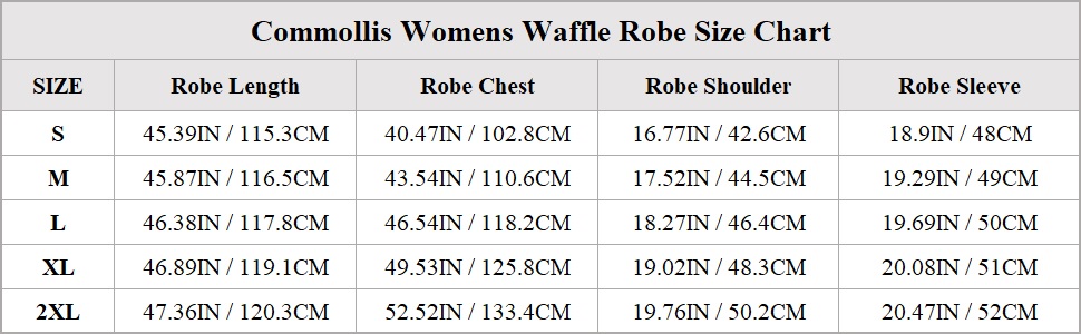 womens robes size chart